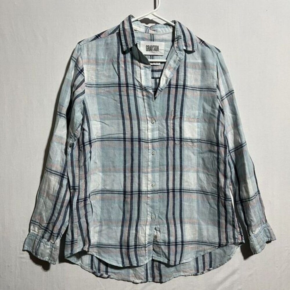 Grayson The Hero Shirt Women's US 2 Multicolor Linen Plaid Long Sleeve Button-Up